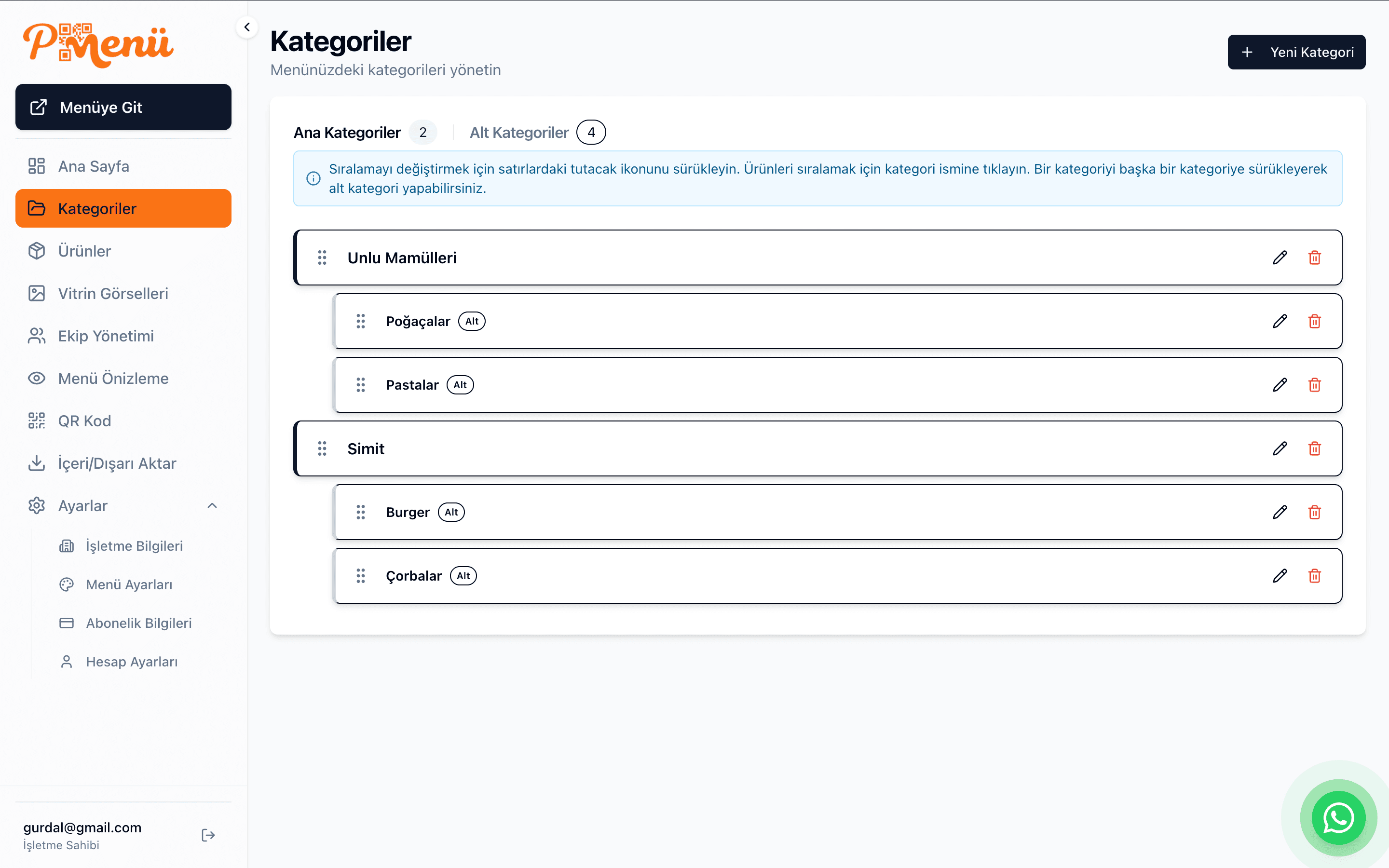 Pratik Menü yönetim paneli ekran görüntüsü
